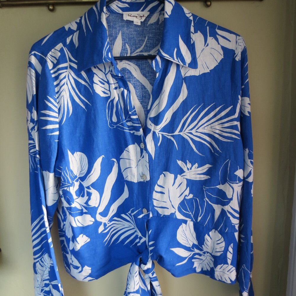 Blue & White Shirt Tropical Panama Jack Linen Blend Large Tie Front